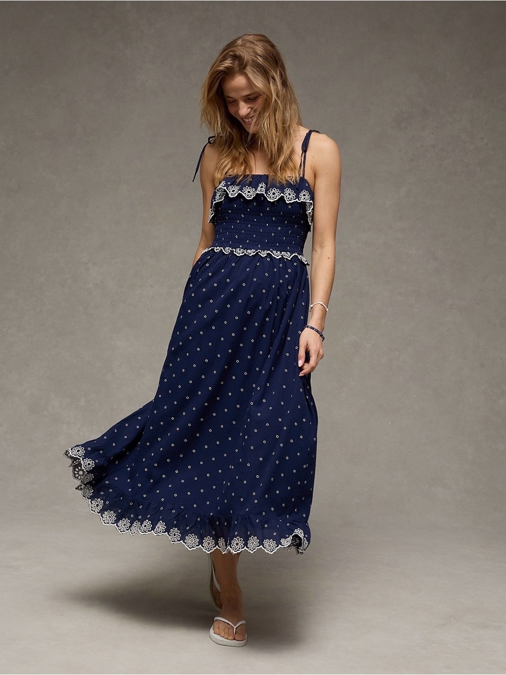American Eagle Smocked Tie Strap Midi Dress